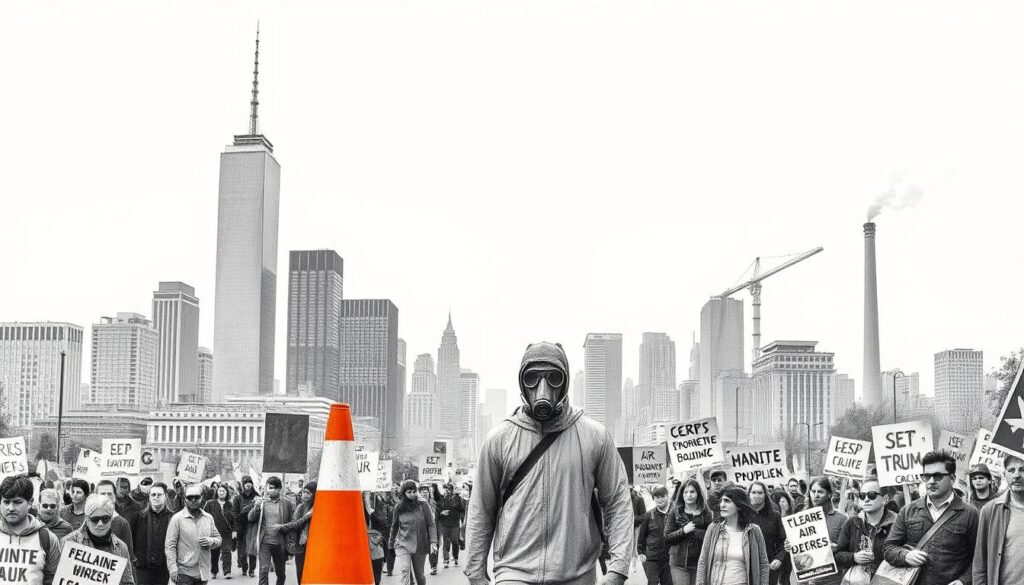 A bustling cityscape with towering skyscrapers and imposing smokestacks, against a hazy, overcast sky. In the foreground, a protest march with placards and banners, their monochrome tones punctuated by the vibrant orange of a solitary traffic cone. Amidst the crowd, a lone figure stands resolute, their face obscured by a gas mask, symbolizing the struggle for cleaner air and a sustainable future. The scene is rendered in a stark, graphite-like palette, with subtle splashes of color hinting at the complexity and urgency of the "Verbrenner-Aus Debatte".