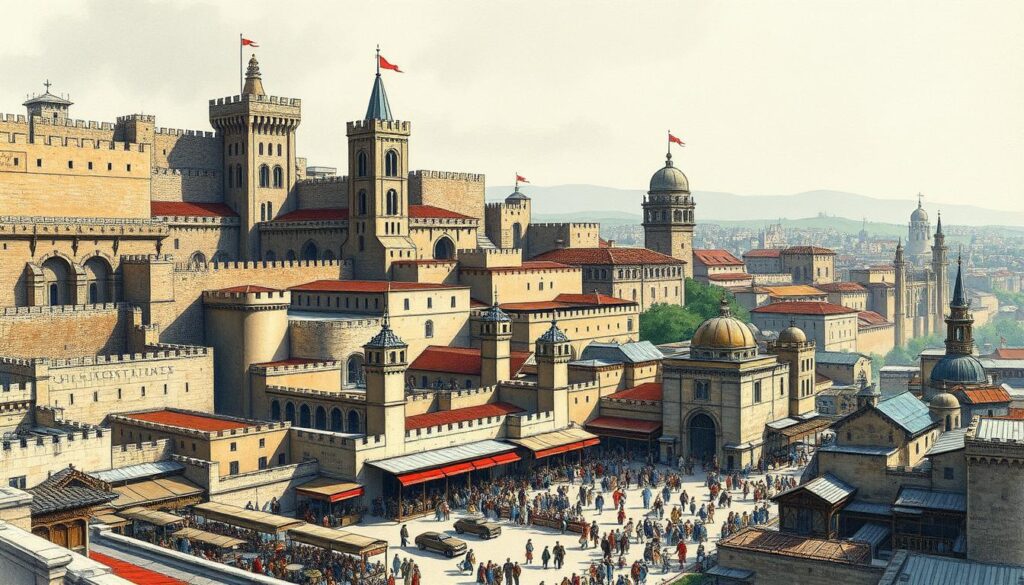 A bustling medieval cityscape unfolds, with towering stone fortifications and intricate architectural details. Stately cathedrals and ornate palaces dot the landscape, their spires reaching towards the heavens. In the foreground, a thriving marketplace teems with life, as merchants hawk their wares and citizens go about their daily routines. Subtle pops of color accentuate the scene, drawing the eye to the rich tapestry of life within the Crusader states. The atmosphere is one of power, piety, and cultural exchange, reflecting the complex social structure of these outposts of Western Christendom in the Holy Land.