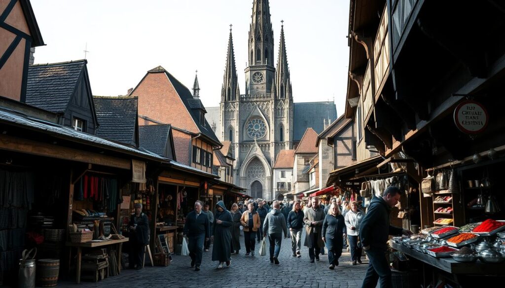 A bustling medieval town square, filled with the hustle and bustle of merchants haggling over wares. Wooden stalls line the cobblestone streets, displaying an array of goods - woven textiles, gleaming metalwork, and fragrant spices. In the background, the towering spires of a grand cathedral loom, casting long shadows across the scene. Pedestrians weave through the crowd, their footsteps echoing against the aged buildings. The overall atmosphere is one of vibrant commercial activity, with pops of color amidst a predominantly monochromatic palette, capturing the essence of everyday life in a thriving medieval marketplace.
