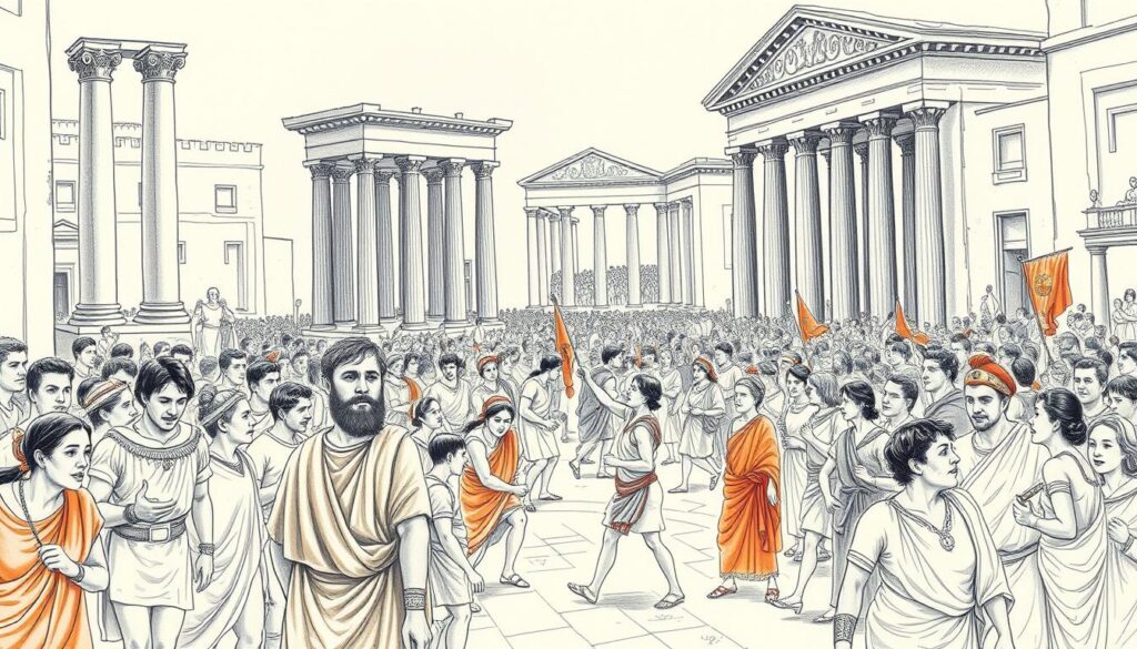 A bustling scene of ancient Roman leisure activities unfolds before us. In the foreground, citizens engage in lively games and contests, their figures rendered in bold, expressive lines. The middle ground showcases the grandeur of Roman architecture, with towering columns and ornate facades in shades of gray. In the background, a vibrant crowd gathers, their expressions and movements captured in a flurry of energetic strokes. The overall atmosphere is one of joyful celebration, with pops of color adding vibrancy to the otherwise monochromatic scene. The lighting is warm and diffused, creating a sense of timeless elegance. This image, a testament to the richness of Roman culture, invites the viewer to step into the past and experience the lively spirit of "Brot und Spiele."