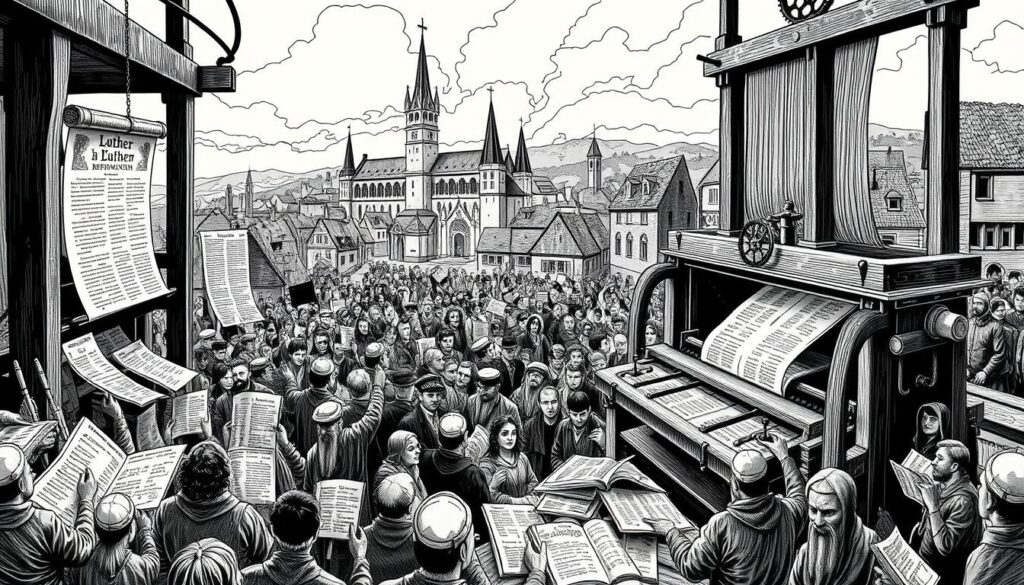 A bustling scene of the Reformation's rapid spread, captured in a striking black and white illustration with subtle pops of color. In the foreground, a large printing press churns out pages bearing Luther's defiant theses, its intricate mechanisms rendered in meticulous detail. In the middle ground, crowds of people eagerly devour the newly printed materials, their expressions a mix of fascination and fervor. The background depicts a series of quaint European towns, their steepled churches and medieval architecture hinting at the sweeping cultural changes to come. The overall atmosphere is one of momentum and dynamism, reflecting the unstoppable momentum of Luther's ideas as they take hold across the continent.