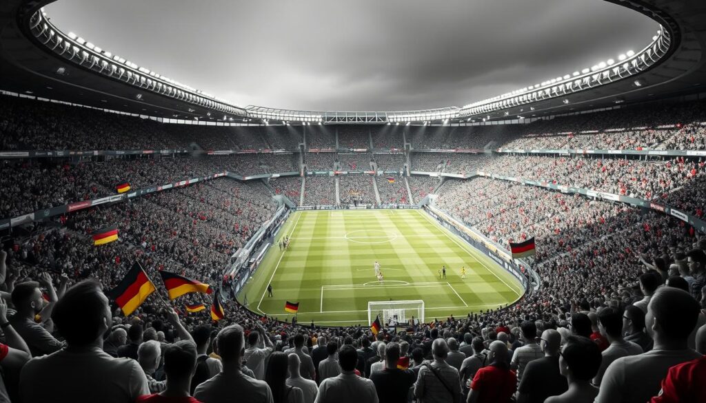A bustling stadium filled with fervent German fans, their faces painted in the national colors, eagerly awaiting the start of the big game. The camera pans across the scene, capturing the intensity of the moment - the crisp, black-and-white lines of the stadium architecture, punctuated by flashes of vibrant color from the supporters' banners and flags. In the center, the pitch stands ready, its lush green surface a stark contrast to the monochrome surroundings, anticipating the players who will soon take the field and bring the game to life. The atmosphere is electric, as the nation holds its breath, ready to roar in support of its beloved team.