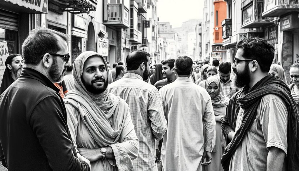 A bustling street in the Middle East, people of diverse backgrounds engage in animated conversation, their faces expressive and their gestures lively. The scene is rendered in a striking black and white palette, with pops of color highlighting the vibrant clothing and textures. The lighting is soft and diffused, casting a warm, intimate glow over the encounter. In the foreground, two individuals stand close, their body language conveying a sense of connection and understanding. In the middle ground, a group gathers, their heads bent together as they discuss matters of importance. In the background, the urban landscape unfolds, a tapestry of architectural details and the bustling movement of passersby. The overall impression is one of human connection, the rich cultural tapestry of the region, and the universal desire to understand one another.