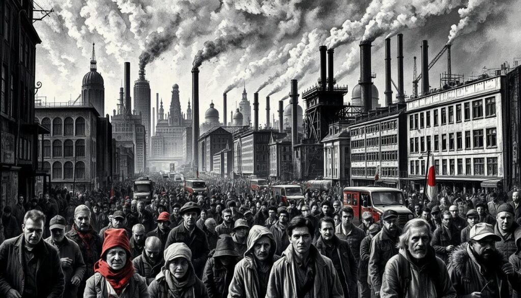 A bustling urban landscape, buildings and factories rising tall, surrounded by a sea of workers navigating the crowded streets. In the foreground, families and individuals struggling with the harsh realities of life, their faces etched with the weight of the social question. The scene is rendered in a striking black and white palette, with pops of color highlighting the contrast between the industrial might and the human experience. The image conveys the profound changes sweeping through German society during the era of industrialization, a time of unprecedented progress and profound societal upheaval.