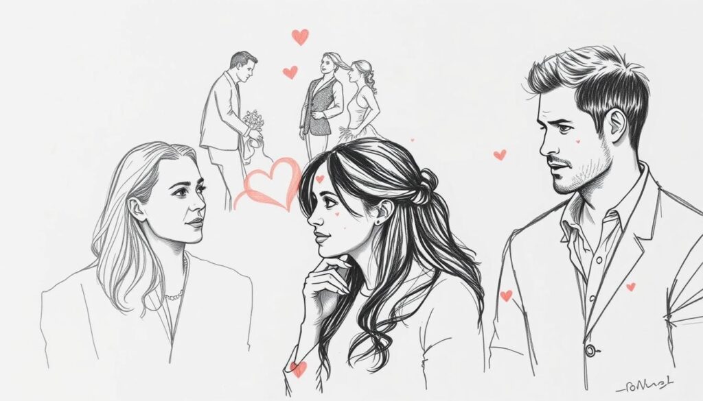 A candid black and white sketch of Prince Harry's romantic relationships, with subtle pops of color to highlight key moments. The foreground depicts Harry and his former partners, Chelsy Davy and Meghan Markle, in thoughtful poses, their body language and facial expressions conveying the nuances of their connections. The middle ground features a dreamlike, impressionistic depiction of the couple's courtship and wedding, while the background subtly alludes to the royal lineage and public scrutiny that have shaped Harry's personal journey. The overall tone is introspective, with a focus on the intimate, human details that define these pivotal relationships.