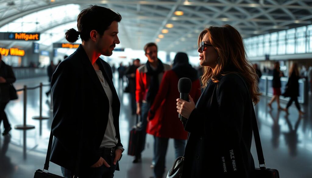 A candid paparazzi-style photograph of Nina Dobrev, a popular actress, engaged in a casual conversation with a TMZ reporter against the backdrop of a bustling airport terminal. Dramatic chiaroscuro lighting casts dramatic shadows, while selective color accents draw the eye to their expressive faces and body language. The scene conveys a sense of intrigue and the delicate dance between celebrity and the media, set against the industrial grey tones and geometric lines of the airport environment.