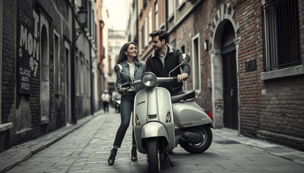 A candid street scene capturing the first encounter between Sydney Sweeney and Scooter Braun. The foreground focuses on the two figures, dressed casually, standing beside a vintage-style scooter on a picturesque Venetian alleyway. The middle ground features architectural details like cobblestone paths and weathered brick walls, creating a sense of timeless European charm. The background is subtly blurred, hinting at the bustling city beyond. The lighting is soft and diffused, casting gentle shadows and highlighting the subjects' expressions. The image is rendered in a muted, black-and-white palette with deliberate pops of color, such as the scooter's red trim, adding visual interest and drawing the eye to the central narrative.