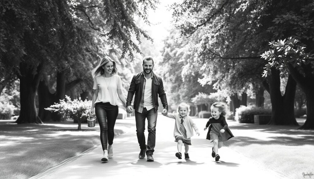 A close-knit family portrait of Cameron Diaz, Benji Madden, and their two young children, a boy and a girl, strolling together through a lush, sun-dappled park. The parents walk hand-in-hand, their faces warm and affectionate, while the children playfully run ahead, their expressions joyful and carefree. The scene is rendered in a moody, high-contrast black and white palette, with subtle pops of color in the children's clothing and the vibrant foliage surrounding them, creating a sense of timeless intimacy and connection.