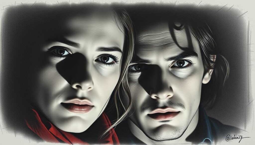 A closeup portrait of Sydney Sweeney and Jonathan Davino, their faces half-shadowed, conveying a sense of contemplation and unease. The lighting is dramatic, with a single spotlight casting dramatic shadows across their features. The background is blurred and indistinct, keeping the focus on the subjects' expressions. The image has a muted, pencil-sketch-like quality, with touches of color - perhaps a red scarf or a blue shirt - providing subtle visual interest. An atmosphere of tension and uncertainty pervades the scene, hinting at the complexities and controversies surrounding their personal and professional lives.