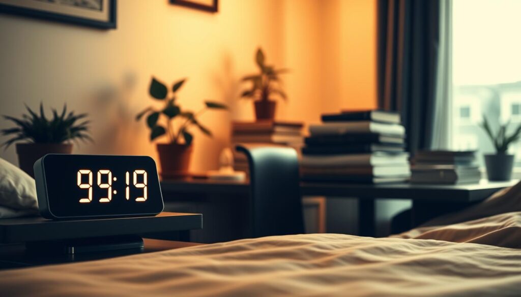 A cozy home setting, with a sleek digital clock on the bedside table displaying the time 19:19. The lighting is soft and warm, casting a gentle glow over the scene. In the foreground, a person sits at a desk, focused on a task at hand, their expression one of calm determination. The middle ground features a houseplant and a stack of well-worn books, hinting at a love of learning and a balanced lifestyle. The background showcases a window, offering a glimpse of the outside world, perhaps a tranquil garden or a cityscape. The overall atmosphere is one of intentionality, where the 19:19 time serves as a meaningful marker in the everyday routine. The image is rendered in a monochromatic palette with subtle pops of color, lending a sense of timelessness and introspection.