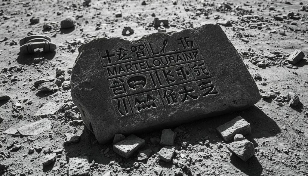 A crumbling stone slab, its surface etched with fading hieroglyphic symbols, lies amidst a desolate landscape. Shadows cast by the low, angular sun emphasize the weathered, monochromatic textures, conveying a sense of forgotten knowledge and a bygone era. Scattered fragments and debris hint at the collapse of a once-vibrant system of writing, now fading into obscurity. The scene exudes a melancholic atmosphere, a visual representation of the "Untergang des Wissens" - the decline and loss of an ancient, sophisticated means of communication.