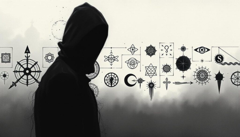 A dark, mysterious figure with a shadowy face stands in the foreground, casting a cautious gaze. In the middle ground, a series of intricate symbols and geometric patterns, rendered in a muted palette of blacks, grays, and occasional pops of color, hint at the potential for deception. The background fades into a hazy, dreamlike realm, suggesting the fragility and uncertainty of perception. The scene is rendered in a stark, minimalist style, with the use of chiaroscuro lighting to create a sense of foreboding and unease. The overall atmosphere evokes a sense of warning, inviting the viewer to question the nature of reality and trust their intuition.