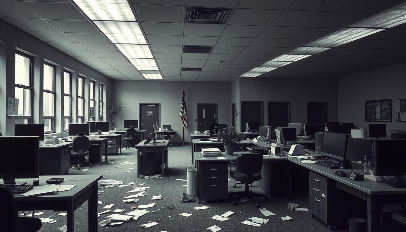 A desolate government office, its once-bustling halls now eerily silent. Desks stand abandoned, computers dark and lifeless. Paperwork litters the floor, a testament to the abrupt halt in operations. Flickering fluorescent lights cast an eerie glow, painting the scene in shades of black and white, punctuated by the occasional splash of color - a withered potted plant, a tattered American flag. The air is thick with a sense of uncertainty, the future as murky as the shadows that creep across the room. This is the aftermath of the US government shutdown, a tangible representation of its far-reaching consequences.