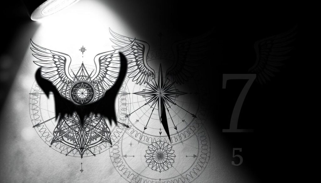 A detailed analysis of angelic numerical symbols, rendered in a striking monochrome palette with subtle pops of color. Intricate line work captures the geometric patterns and symbolic motifs associated with these mystical figures, conveying a sense of profound spiritual significance. Soft directional lighting casts dramatic shadows, imbuing the composition with a contemplative, almost reverent atmosphere. The detailed foreground elements are complemented by a subtly hazy, atmospheric background, creating depth and visual interest. This image aims to visually explore the deeper meanings and hidden messages concealed within the enigmatic "angel numbers".
