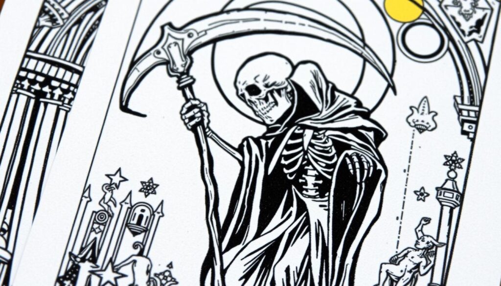 A detailed and mystical tarot card depicting the Todeskarte (Death card) from the Marseille Tarot deck. The image shows a skeletal figure wielding a scythe, surrounded by symbolic imagery representing the inevitability of change and transformation. The figure is rendered in stark black and white, with subtle pops of color highlighting key elements. The background features architectural details and celestial motifs, creating a sense of timeless, esoteric symbolism. The overall composition conveys a somber, yet contemplative mood, inviting the viewer to reflect on the deeper meanings of death, rebirth, and the cycles of life.
