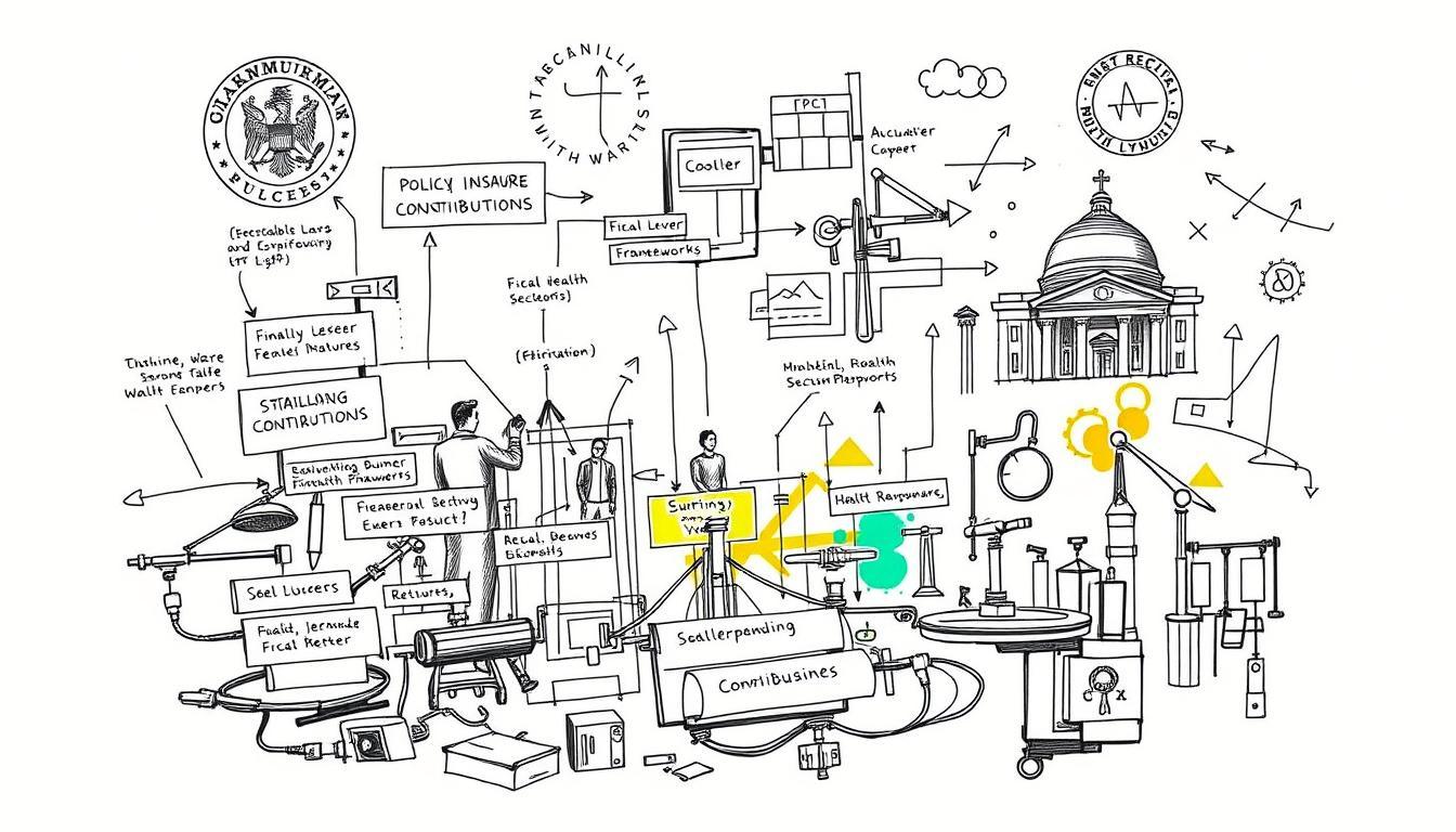 A detailed black and white sketch with pops of color, depicting policy measures and financial mechanisms for stabilizing health insurance contributions. A complex interplay of fiscal levers, regulatory frameworks, and stakeholder negotiations forms the foreground, while abstract concepts of sustainability and affordability hover in the background. Subtle hints of government seals, actuarial charts, and legislative symbols add depth and authenticity to the scene. The overall mood is one of technical precision and deliberative policymaking, with just enough visual interest to captivate the viewer.