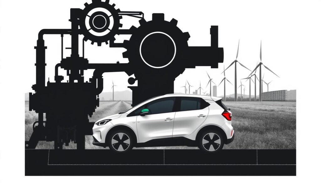 A detailed blueprint for the future of Germany's automotive industry, showcasing the demands of the IG Metall labor union for a comprehensive e-mobility rescue package. In the foreground, a bold industrial silhouette, gears and pistons hinting at the union's manufacturing prowess. The middle ground features a sleek electric vehicle, its clean lines and vibrant accents symbolizing the desired transition. The background paints a landscape of renewable energy sources, wind turbines and solar panels, conveying the vision of a sustainable automotive future. The image is rendered in a striking black and white palette, punctuated by selective pops of color, reflecting the seriousness and urgency of the union's proposals.