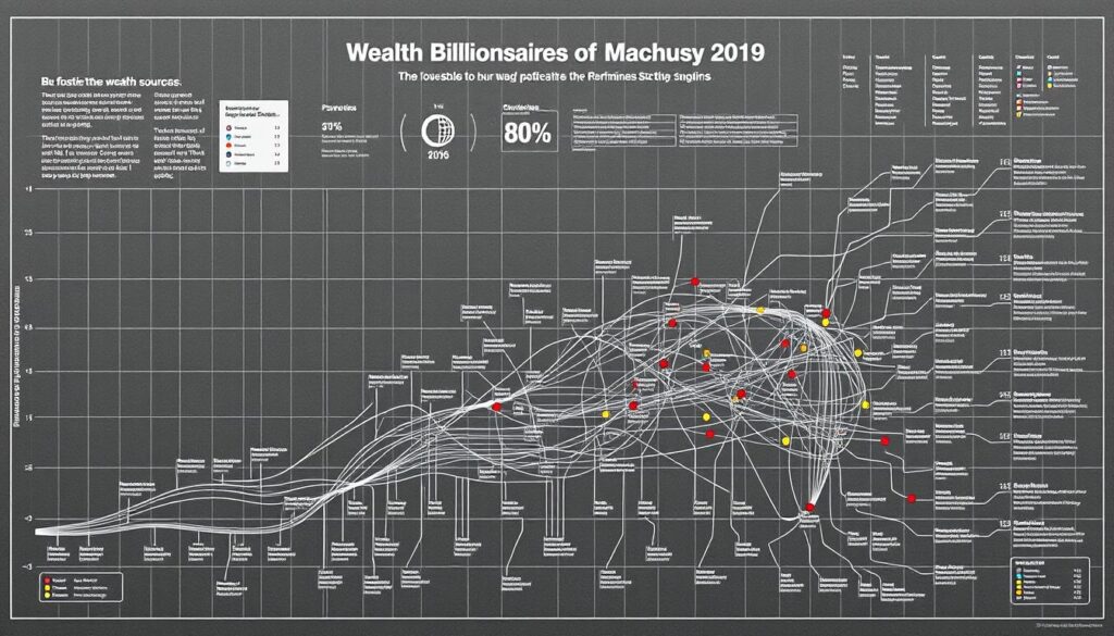 A detailed blueprint of wealth sources, showcasing the industries and sectors that have propelled the fortunes of Germany's top billionaires. The scene depicts a meticulously rendered graph, with distinct sections for various business domains like technology, manufacturing, real estate, and finance. The design features a minimalist aesthetic, rendered in a grayscale palette with strategic pops of color to highlight key data points. The composition emphasizes the interconnected nature of these wealth streams, creating a visually striking and informative illustration of the complex economic landscape that has shaped the upper echelons of German wealth.