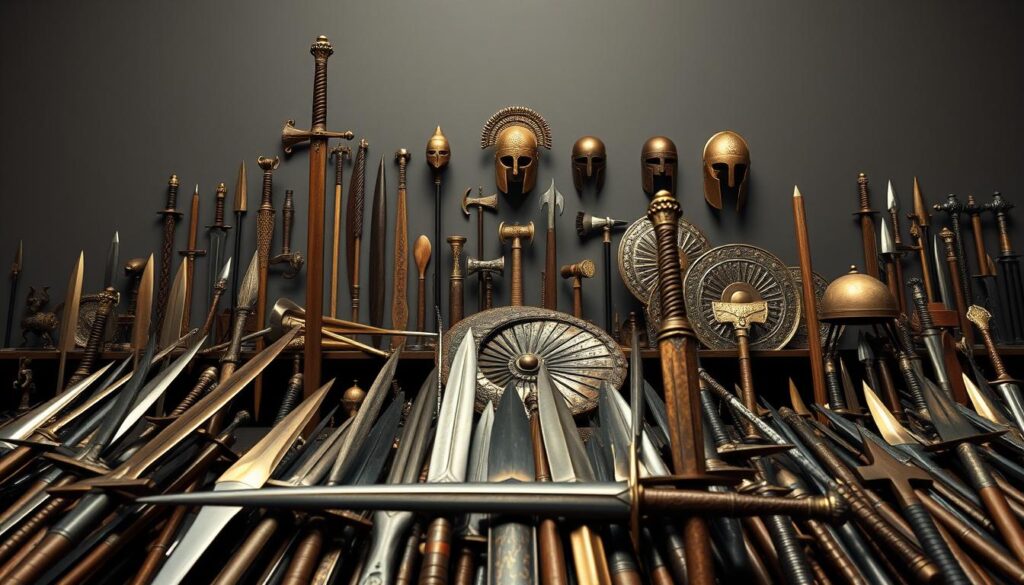 A detailed bronze age weapons display, showcasing a diverse range of ancient armaments in a muted palette. In the foreground, sharp bronze swords, daggers, and spearheads glimmer against a somber background. The middle ground features a collection of expertly crafted bronze axes, maces, and other bludgeoning implements, their surfaces textured with intricate patterns. In the distance, a display of ornate bronze helmets and shields evokes the strategic and ceremonial nature of bronze age warfare. The overall scene is rendered in a realistic, technical style, with subtle pops of color highlighting the craftsmanship and historical significance of these iconic bronze age weapon types.