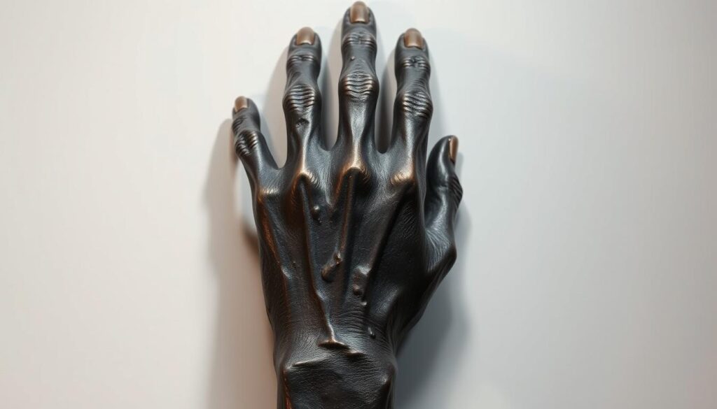 A detailed bronze hand sculpture, centered in the frame, casting a gentle shadow on a plain background. The hand is rendered with intricate textures and contours, capturing the natural forms and blemishes of an ancient artifact. Subtle highlights and shadows accentuate the depth and dimensionality, while muted tones of gray, black, and earthy browns dominate the palette, punctuated by occasional flashes of warm copper or bronze tones. The overall composition conveys a sense of historical significance and archaeological discovery, inviting the viewer to closely examine this mysterious relic from the past.