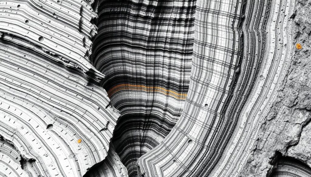 A detailed cross-section of a rugged, layered amphibolite rock formation, rendered in striking black-and-white tones with selective pops of color. The intricate banding and foliated texture of the metamorphic rock are depicted with meticulous precision, highlighting its unique geological composition and the complex processes that formed it over eons. The scene conveys a sense of timeless, elemental power, with the amphibolite's distinctive appearance rendered in a high-contrast, almost architectural style that emphasizes its strength and durability. Subtle hues of green, blue, and ochre accent key structural elements, drawing the viewer's eye to the rare, prized qualities of this remarkable natural material.