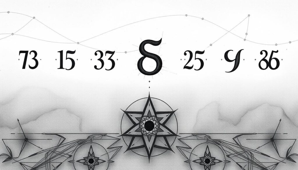 A detailed illustration depicting the symbolic significance of numbers in biblical tradition. In the foreground, a series of numerical glyphs, each subtly accented with muted color, float ethereally against a minimalist, graphite-hued backdrop. The middle ground features intricate geometric patterns and abstract motifs, suggesting the deeper spiritual and theological meanings associated with these sacred numerical archetypes. The overall atmosphere is one of reverence and contemplation, inviting the viewer to meditate on the symbolic power of numbers within the Christian faith.