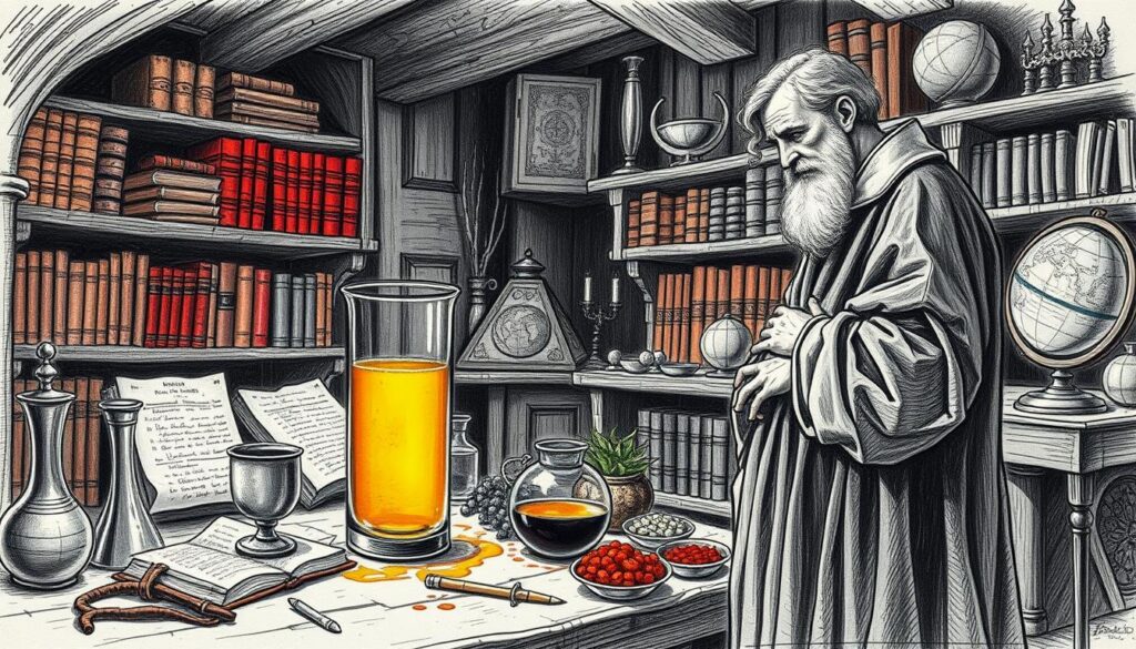 A detailed illustration of the "Viersäftelehre", the medieval medical theory of the four humors. In the foreground, a central figure in medieval scholar's robes stands contemplating a glass vessel containing colored liquids, representing the four humors - blood, phlegm, yellow bile, and black bile. In the middle ground, various medical implements and tools such as cupping glasses, leeches, and herbs are arranged. The background depicts a dimly lit medieval study, with shelves of ancient tomes and globes evoking the scholarly atmosphere. The image is rendered in a moody, high-contrast pencil sketch style with selective splashes of color to highlight the key elements, creating a sense of historical gravitas and the intersection of faith and early medical knowledge.