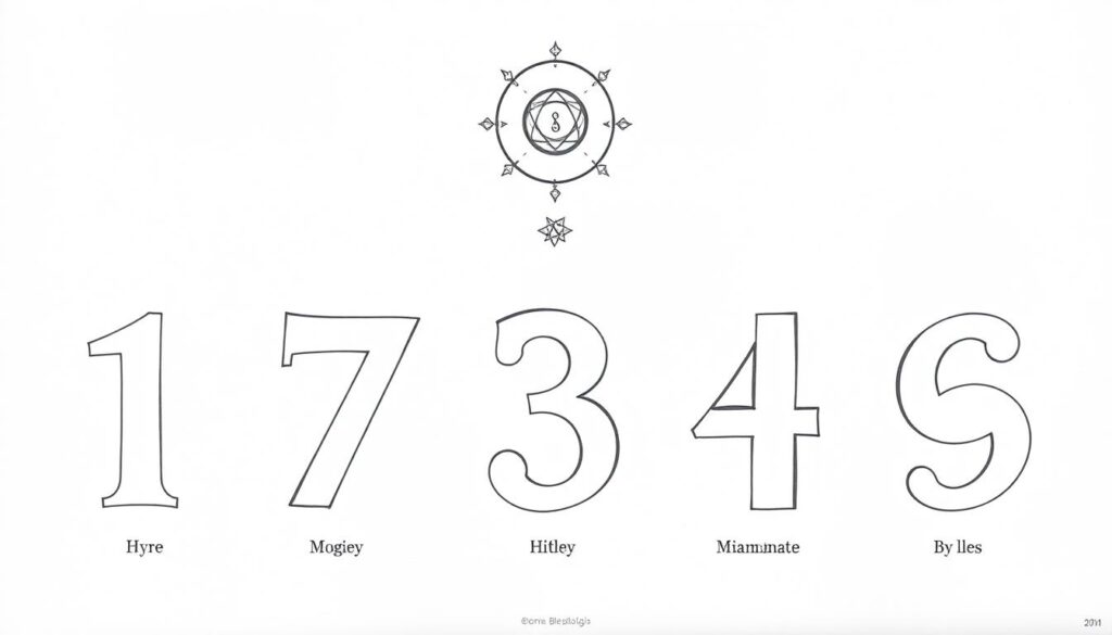 A detailed illustration of the numeric symbolism and spiritual significance of the numbers 1 through 9, depicted in a minimalist black and white style with selective color accents. The foreground features the numbers in a clean, geometric layout, with each numeral uniquely styled to convey its core meaning. The middle ground showcases symbolic icons and graphical elements that further elucidate the numerological associations. The background maintains a serene, contemplative atmosphere, allowing the numbers and their esoteric meanings to take center stage. Rendered with a soft, pencil-like texture and subtle contrasts to evoke a sense of meditative introspection.
