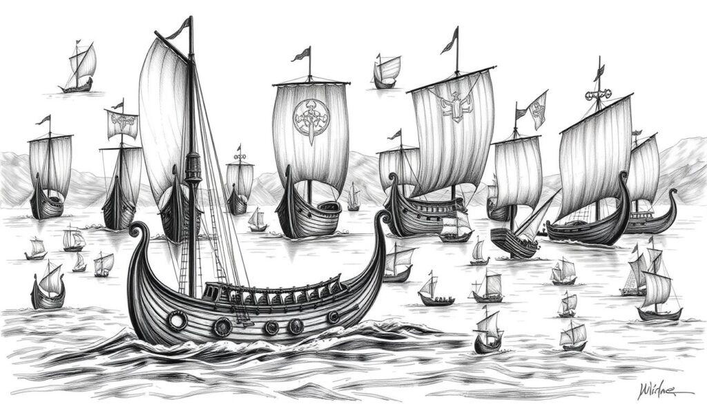 A detailed illustration showcasing an array of distinct Viking ship types, crafted with meticulous attention to historical accuracy. Depicted in a striking black-and-white palette with selective color accents, the scene captures the elegant silhouettes, intricate designs, and robust construction of these seafaring vessels. The foreground features a prominent longship with its iconic curved prow and billowing sails, while the middle ground showcases a diverse collection of smaller craft, including sleek skiffs and sturdy cargo ships. The background subtly hints at the rugged Norse landscape, with subtle hints of color hinting at the natural environment that these ships traversed. The overall composition conveys the engineering prowess and maritime prowess of the Viking culture.