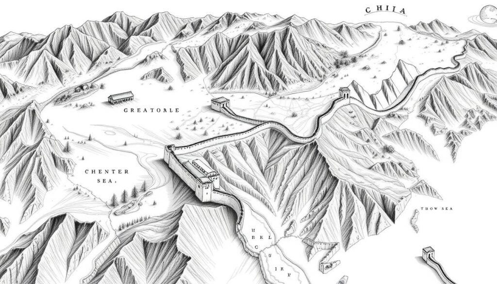 A detailed map depicting the vast geographical expanse of the Great Wall of China, stretching from the arid Gobi Desert to the serene Yellow Sea. The monumental fortification winds through dramatic mountainous terrain, its stone and earthen ramparts contrasted against the surrounding landscape in a striking black-and-white palette, with selective pops of color highlighting key landmarks and features. Rendered in a precise, technical style, the image conveys the sheer scale and engineering marvel of this architectural wonder, inviting the viewer to trace the Wall's course across the diverse environments of northern China.