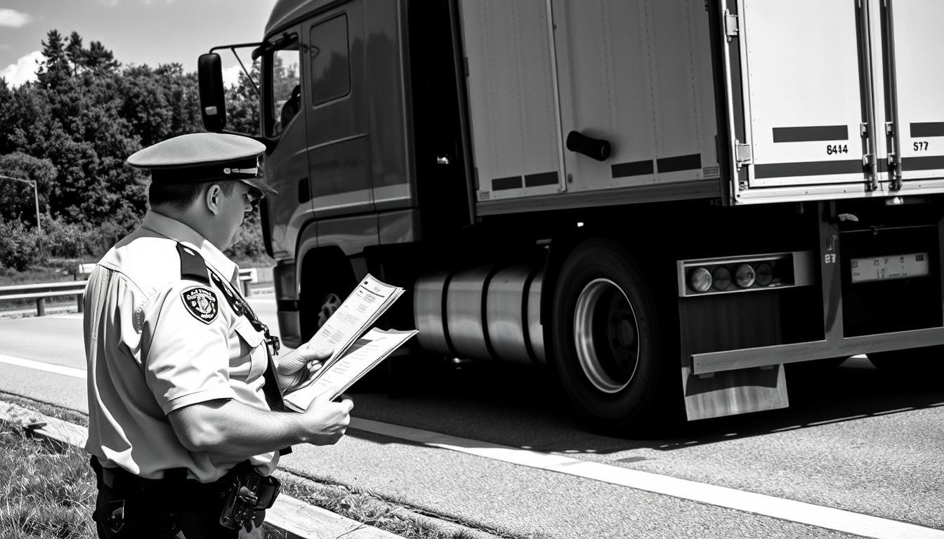 A detailed roadside vehicle inspection during peak vacation traffic season. A police officer in uniform closely examines a large commercial truck, investigating its documentation and safety equipment under the warm summer sun. The scene has a stark, high-contrast black and white aesthetic, with only the officer's badge and the truck's tail lights adding subtle pops of color. The composition emphasizes the imposing size of the vehicle and the authority of the law enforcement presence, creating a sense of tension and anticipation around the potential consequences of any infractions uncovered.