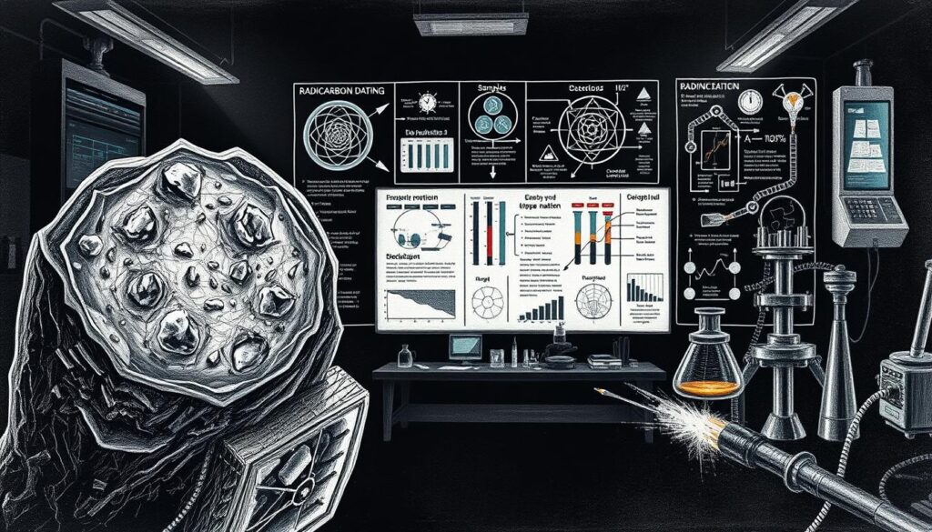 A detailed scientific illustration depicting the Radiocarbon Dating method analysis. In the foreground, a magnified cross-section of a sample material, revealing its internal structure and composition. In the middle ground, intricate diagrams and schematics outlining the various stages of the dating process, including sample preparation, measurement, and data analysis. The background showcases a dimly lit, moody laboratory setting, with subtle splashes of color highlighting key instrumentation and equipment. The overall tone is one of technical precision and scholarly rigor, conveying the methodical and authoritative nature of this scientific technique. The image is rendered in a striking black and white palette, with selective use of color to draw attention to specific elements, creating a sense of depth and visual interest.