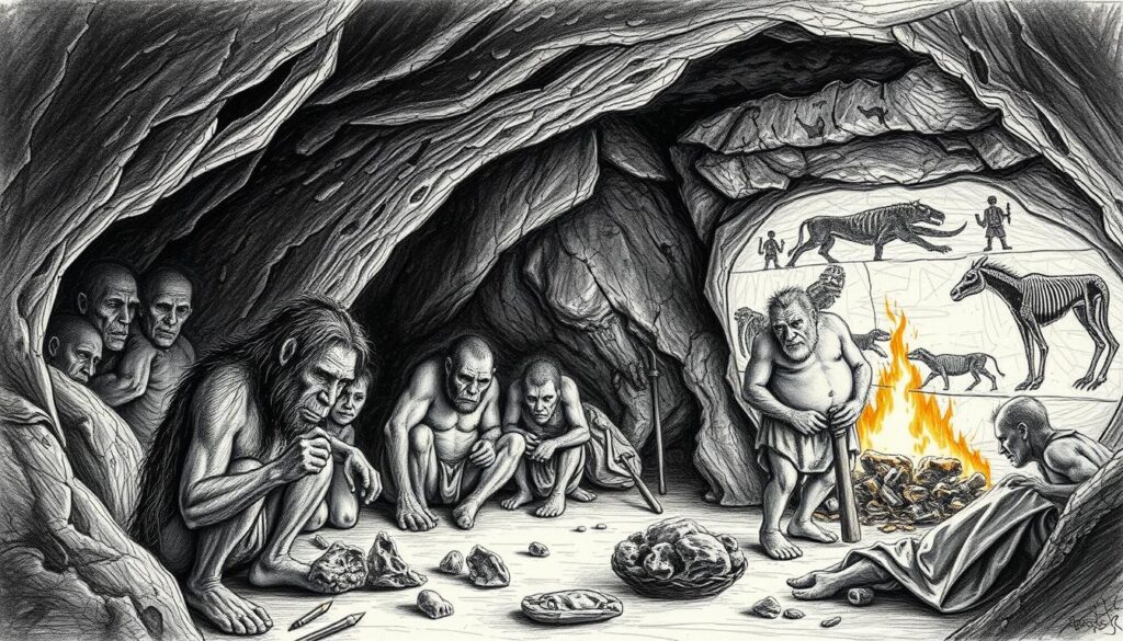 A detailed sketch of Neanderthal research methods, rendered in black and white with selective color accents. A dimly lit cave interior, illuminated by a warm firelight glow, reveals a group of Neanderthals engaged in various tasks - chipping stone tools, tanning hides, rendering animal fat. In the foreground, a Neanderthal carefully examines a fossil, while in the middle ground, others analyze samples under the watchful eye of an elder. The background depicts intricate cave paintings depicting hunting scenes and abstract symbols, hinting at the sophisticated cognitive abilities of these ancient hominins. An atmosphere of focused discovery and quiet contemplation pervades the scene.