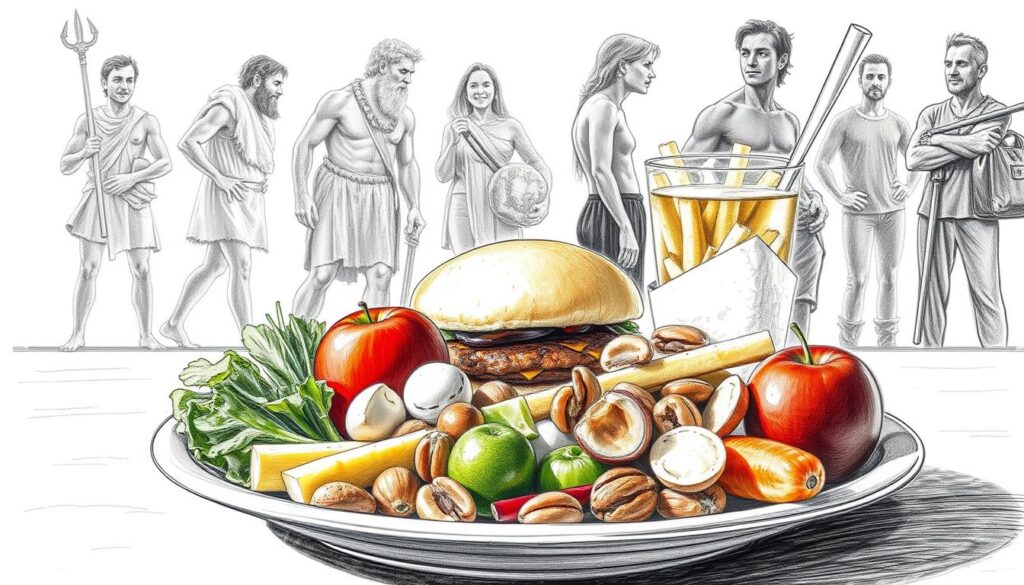 A detailed sketch of a healthy meal contrasted with a more processed, unhealthy option. In the foreground, a plate of fresh fruits, vegetables, nuts, and lean protein, illuminated by soft, natural lighting. In the middle ground, a burger, fries, and soda, cast in harsher, more artificial light. The background features silhouettes of cavemen and modern people, highlighting the dietary shift over time. Subtle pops of color, like the red of an apple or the orange of a carrot, draw the eye to the healthier choice. The overall mood is one of thoughtful contemplation on the benefits and risks of the Paleo diet compared to modern nutrition.