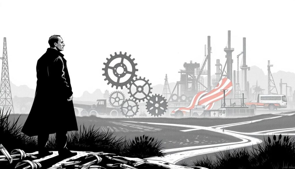 A dilemma weighs heavily on the shoulders of trade union leaders, depicted in a stark, monochromatic illustration. In the foreground, a figure representing the unions stands at a crossroads, their expression one of deep contemplation. The middle ground reveals the complex landscape of the changing automotive industry, with gears and cogs in motion, hinting at the technological shifts underway. In the background, the once-vibrant German manufacturing heartland fades into a muted, uncertain future, punctuated by muted pops of color that suggest both the challenges and potential opportunities ahead. The lighting casts dramatic shadows, lending a sense of gravity to the scene, as the unions grapple with the need to adapt and evolve in the face of an industry in flux.