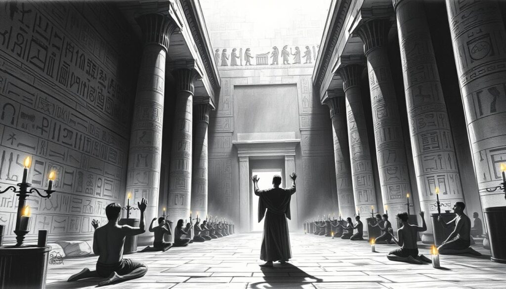A dimly lit ancient Egyptian temple, the walls adorned with intricate hieroglyphs. In the foreground, a priest in a flowing robe performs a ritual, his hands raised in reverence. Candles flicker, casting a warm glow upon the scene. In the middle ground, worshippers kneel, their faces etched in contemplation. Towering columns support the cavernous ceiling, casting long shadows across the stone floor. The atmosphere is one of solemnity and connection to the divine. The image is rendered in a muted palette of black, white, and selective color accents, reflecting the reverence and mysticism of the ancient rituals.