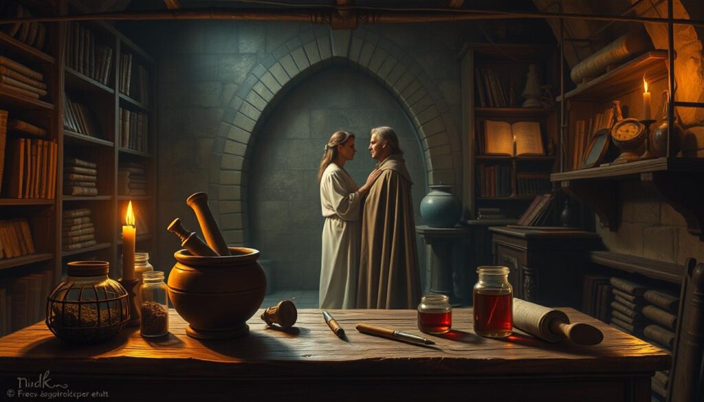 A dimly lit, ancient healing practice chamber. In the foreground, a wooden table holds various medical instruments - mortar and pestle, jars of herbs, a tincture-filled vial. Shelves line the walls, brimming with aged tomes and scrolls. Soft, warm light from a flickering candle illuminates the scene, casting dramatic shadows. In the middle ground, a practitioner in a flowing robe examines a patient, their faces in profile. The background depicts intricate stonework and ornate architectural details, hinting at the room's venerable history. The overall mood is one of reverence and contemplation, a glimpse into the revered traditions of ancient Heilkunst.