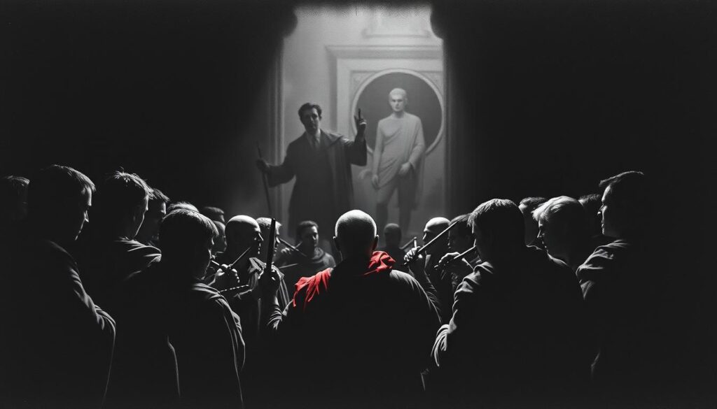 A dimly lit, chiaroscuro scene depicting the dramatic Ides of March conspiracy against Julius Caesar. In the foreground, a group of senators surround the Roman leader, their faces cast in shadow, daggers poised to strike. The middle ground is shrouded in a haze of tension, with senators plotting in the background. Slivers of crimson red accent the scene, hinting at the impending violence. The lighting is stark, creating deep, ominous shadows that convey the gravity of the moment. The composition is tightly framed, creating a sense of claustrophobia and the inevitability of Caesar's fate. Rendered in dramatic black and white with selective pops of color, the image evokes the gravitas of this pivotal historical event.