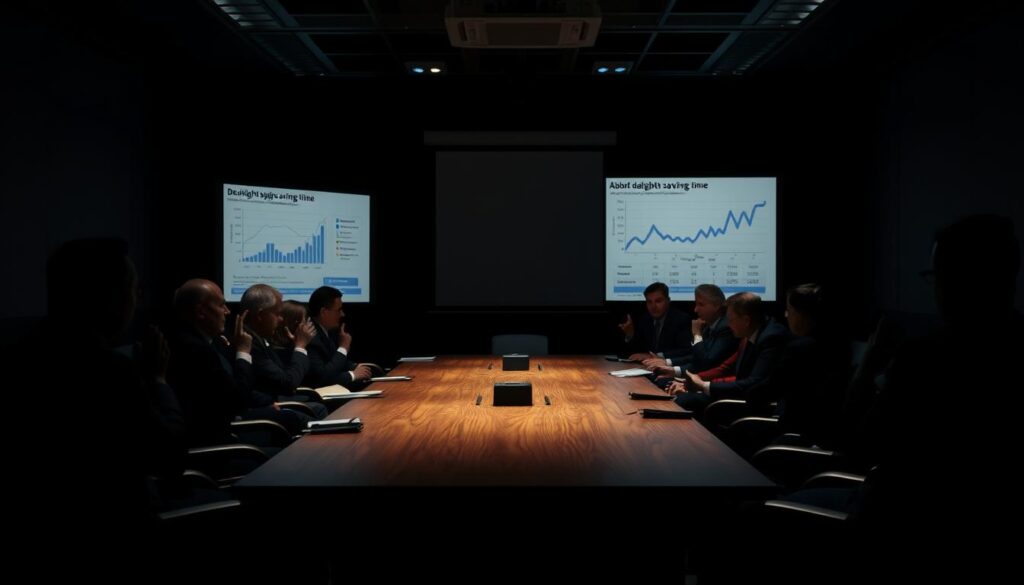 A dimly lit conference room, with a wooden table at the center. Around it, silhouetted figures engaged in a heated debate, their gestures and postures conveying a sense of urgency. In the background, a projection screen displays charts and graphs, hinting at the complex issues under discussion. The lighting is stark, creating dramatic shadows that underscore the gravity of the situation. The overall atmosphere is one of tension and political significance, as the debate around the abolition of daylight saving time in the EU unfolds.