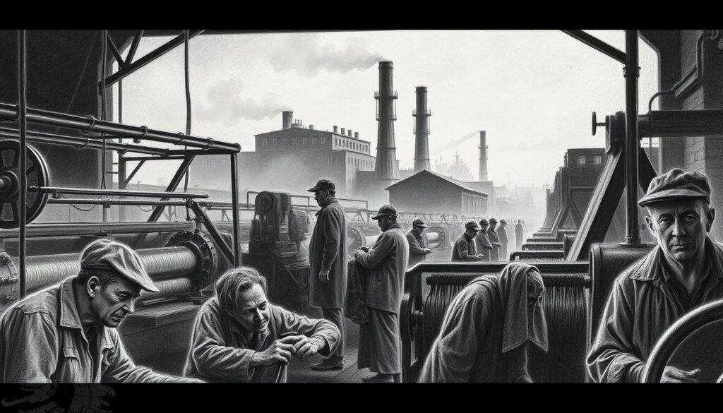 A dimly lit factory interior, the air thick with the smell of coal and the rhythmic hum of machinery. In the foreground, workers clad in worn, soot-stained clothes tend to their tasks, their expressions etched with fatigue. The middle ground reveals rows of towering looms, their gears and cogs cast in a grainy, monochromatic palette, save for the occasional splash of color from a spinning spool. The background is dominated by the imposing silhouette of the factory, its towering chimneys belching plumes of smoke against a hazy, overcast sky. The scene conveys a sense of toil, hardship, and the relentless march of industrialization, rendered in a palette of graphite and charcoal with subtle bursts of color to draw the eye.