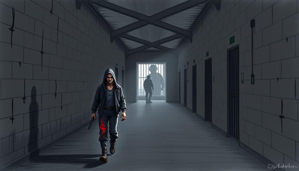 A dimly lit, high-security prison cell, its bare walls casting long shadows. In the foreground, a lone figure paces restlessly, their expression a mix of frustration and desperation. Occasional bursts of color - a splash of red on a tattered uniform, the glint of metal from a makeshift weapon. The background is hazy, with hints of other cells and the looming presence of armed guards. The atmosphere is tense, charged with the weight of past transgressions and the uncertainty of the future. A stark, unsettling scene that captures the harsh realities of life behind bars.