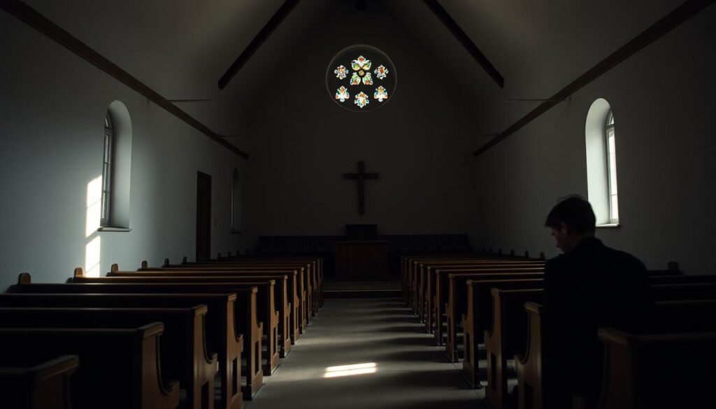 A dimly lit interior of a modest church in the former East Germany, its bare walls and simple furnishings reflecting the austere nature of religious life under communist rule. Soft shafts of grey light filter through stained glass windows, casting subtle color accents across the wooden pews and pulpit. In the foreground, a lone worshipper kneels in contemplation, their face partially obscured by shadow, symbolizing the personal struggle to maintain faith in an atheistic state. The scene conveys a sense of quiet resilience and the enduring human desire for spiritual connection, even in the face of repression.