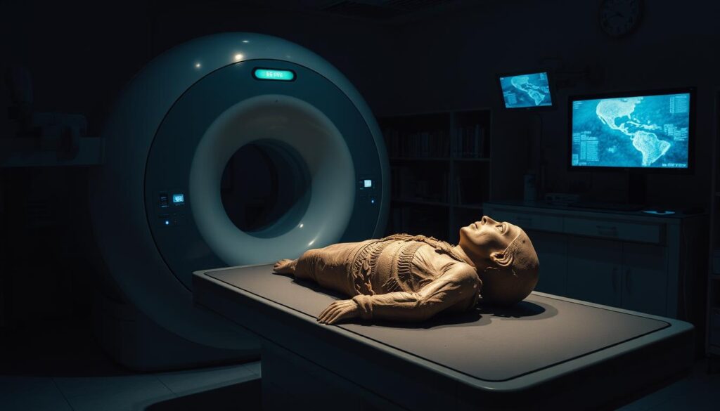 A dimly lit laboratory, a modern CT-scanner dominates the foreground, its sleek, metallic form casting long shadows. In the center, a meticulously preserved ancient Egyptian mummy lies on the examination table, its fragile form exposed to the scrutiny of scientific inquiry. Surrounding the mummy, an array of monitors and diagnostic equipment, their screens illuminating the scene with a soft, bluish glow. In the background, bookshelves and scientific instruments hint at the depth of knowledge and expertise applied to unraveling the mysteries of this timeless relic. The image conveys a sense of reverence and wonder, as the past and present converge in a pursuit of greater understanding.