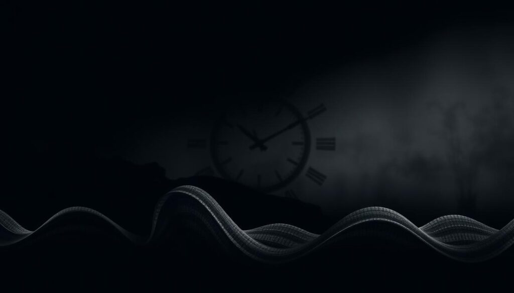 A dimly lit, monochromatic scene depicting the cyclical rhythms of nature. In the foreground, an abstract representation of the human biorhythm, visualized as a pulsing, wave-like pattern in shades of black and white, with subtle hints of color at key points. The middle ground showcases a stylized clock face, its hands frozen in time, symbolizing the disruptive effects of daylight saving time. In the background, a hazy, atmospheric landscape evokes the subtle shifts in our internal clocks as the seasons change. Lighting is muted, with soft, directional illumination casting dramatic shadows and highlights, creating a contemplative, almost melancholic mood. The overall composition emphasizes the interconnectedness of our biological and temporal rhythms, inviting the viewer to reflect on the impact of the impending time change.