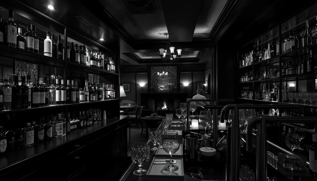 A dimly lit restaurant interior with a prominent bar featuring an extensive array of premium spirits, liqueurs, and fine wines. Bottles in various shapes and sizes line the shelves, casting soft, dramatic shadows across the wooden surfaces. The bar counter is adorned with intricate glassware, stainless steel accents, and a few strategically placed pops of color, creating a sophisticated, yet inviting atmosphere. In the background, a glimpse of cozy seating areas and perhaps a fireplace or other architectural details hint at the character of this establishment. The scene is rendered in a moody, high-contrast black and white palette, with selective use of muted color to highlight the alluring selection of premium beverages.