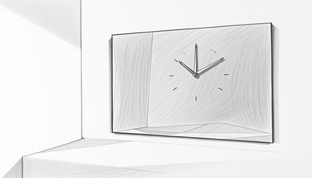 A dimly lit room, a mirror reflecting the hours of 10:10. Pencil sketches of practical steps unfold, each detail meticulously rendered in black and white. Splashes of color punctuate the scene, guiding the eye towards the significance of this moment. Crisp shadows cast by the low-angle lighting create depth and dimension, inviting the viewer to step into this reflective space. The atmosphere is one of contemplation and new beginnings, captured in a serene, minimalist composition that captures the essence of this meaningful time.