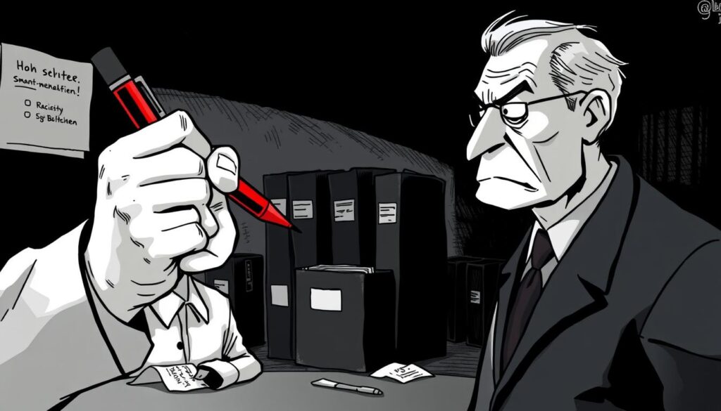 A dimly lit, stark black and white illustration depicting the harsh realities of the "Jobcenter" and the new sanctions regime. In the foreground, a stern-faced bureaucrat wielding a red pen, poised to impose stricter penalties on a worried-looking individual. In the middle ground, a cluster of ominous black file folders, symbolizing the increasing paperwork and bureaucratic hurdles. The background is a shadowy, oppressive environment, with sparse pops of color hinting at the human toll - a crumpled receipt, a discarded benefits letter. The overall mood is one of trepidation and unease, reflecting the gravity of the new "Sanktionen" policies.