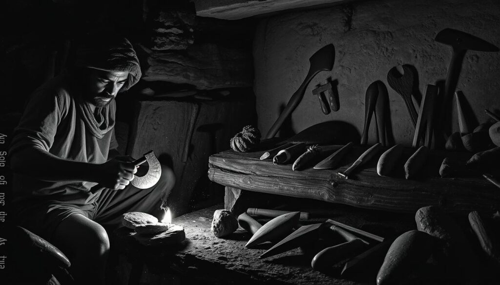 A dimly lit stone workshop in the Paleolithic era, featuring an artisan carefully crafting a variety of stone tools. In the foreground, a skilled craftsman meticulously shapes a hand axe, his face illuminated by the flickering firelight. The middle ground reveals a collection of partially finished tools, including scrapers, blades, and awls, arranged on a rough-hewn wooden surface. In the background, shadows dance across the walls, hinting at the various techniques and tools used in this ancient workshop. The scene is captured in a muted black-and-white palette, with subtle splashes of color highlighting the natural textures of the stone and wood. The overall atmosphere evokes a sense of timeless craftsmanship and the ingenuity of our Stone Age ancestors.