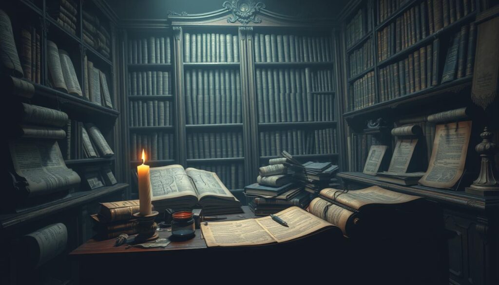 A dimly lit study filled with ancient medical scrolls and texts, their weathered pages casting gentle shadows across the worn wooden shelves. A single candle flickers, its warm glow illuminating the intricate diagrams and hand-written notes that line the margins. A scholar's desk sits in the foreground, cluttered with quills, inkwells, and a magnifying glass, hinting at the meticulous research and knowledge transfer that once took place here. In the background, a large, ornate bookcase looms, its shelves overflowing with the collective wisdom of the ages. The scene is rendered in a muted, monochromatic palette, save for the occasional splash of color - a crimson wax seal, a gilded book binding, or the vibrant green of a medicinal herb. An atmosphere of contemplation and scholarly pursuit pervades the space, inviting the viewer to imagine the exchange of ideas and the advancement of medical understanding that unfolded within these walls.