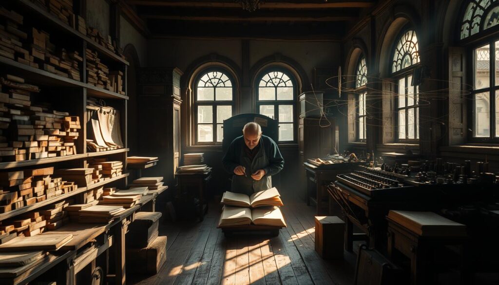 A dimly lit workshop, filled with the gentle hum of a printing press. Wooden blocks and metal type line the shelves, casting long shadows across the worn floorboards. In the center, a craftsman carefully aligns the pages, his brow furrowed in concentration. Sunlight filters through the windows, illuminating the swirling ink particles that dance in the air. The room is rich with the scent of paper and the history of knowledge. Surrounding the scene, the architectural elements of the era - arched doorways, intricate moldings, and the occasional burst of color from a vibrant tapestry or stained glass - create a palpable sense of time and place. This is the historic context of the printed word, where the dissemination of ideas would change the world.